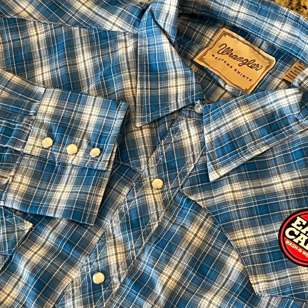 NWT Wrangler Western Shirt Mens XL Plaid Long Sleeve Pearl Snap Blue